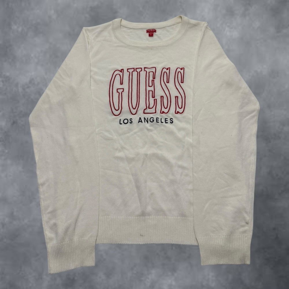 Guess Los Angeles Crewneck Sweater XL Cream Red Embroidered Logo Knit Pullover